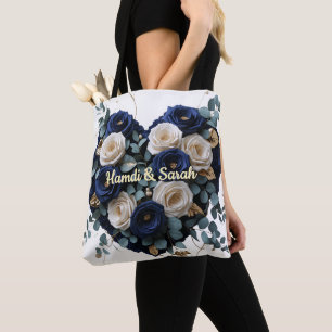 Custom Navy Gold Floral Monogram Heart Tote Bag