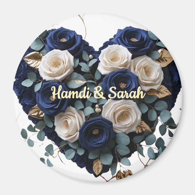 Custom Navy Gold Floral Monogram Round Magnet (Front)