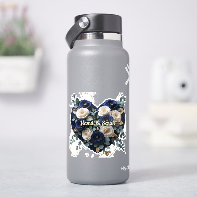 Custom Navy Gold Floral Monogram Vinyl Heart Decal (HydroFlask)