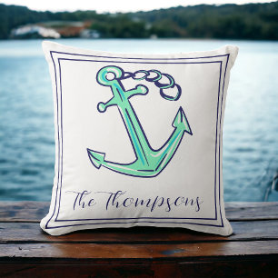 Custom Navy Green Anchor Nautical Boat Coastal  Cushion