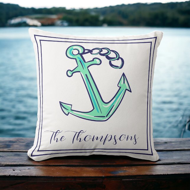 Custom Navy Green Anchor Nautical Boat Coastal  Cushion (Creator Uploaded)