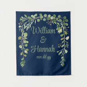 Custom Navy Greenery Wedding Reception Photo Prop Tapestry