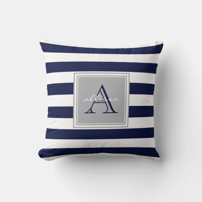 CUSTOM Navy Monogrammed Awning Stripe Cushion (Front)
