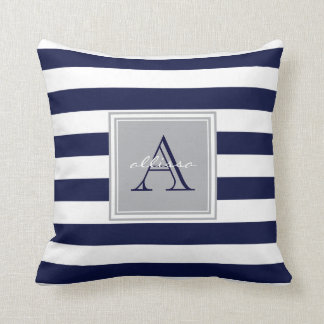 CUSTOM Navy Monogrammed Awning Stripe Cushion