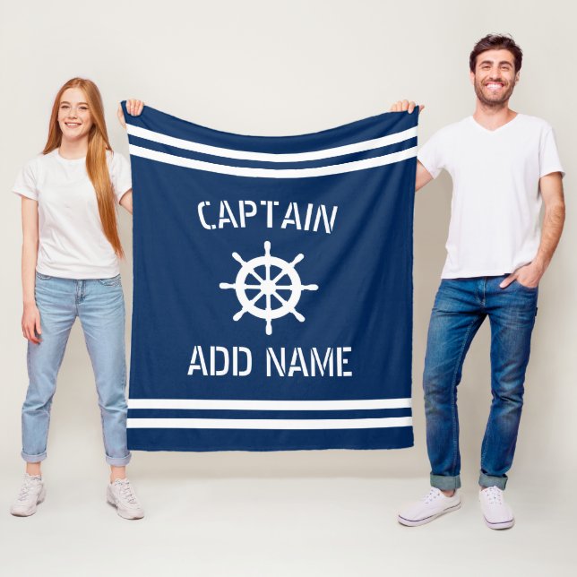 Custom navy nautical wheel boat captain stripes fleece blanket (In Situ)
