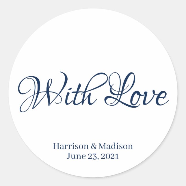 Custom navy script text Wedding gift favour sticke Classic Round Sticker (Front)