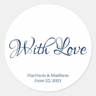Custom navy script text Wedding gift favour sticke Classic Round Sticker