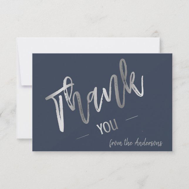 Custom Navy Simple Script Silver Flat Thank You  Card (Front)