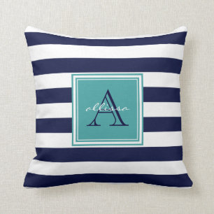 CUSTOM Navy Teal Monogrammed Awning Stripe Cushion