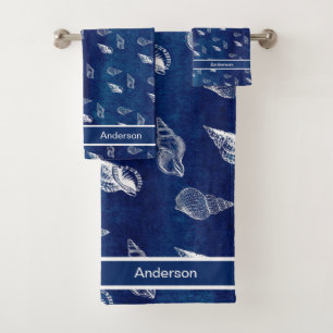 Custom Navy Wash White Nautical Seashell Bathroom Bath Towel Set