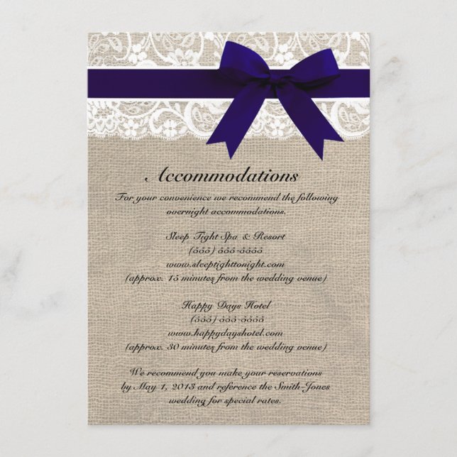 Custom Navy & White Lace Accommodations Card (Front)
