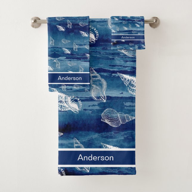 Custom Navy White Nautical Seashell Bathroom  Bath Towel Set (Insitu)