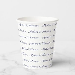 Custom navy white script couple name text elegant paper cups
