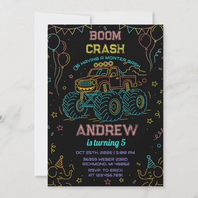 Custom neon Bash Monster Truck Birthday Party  Invitation (Front)