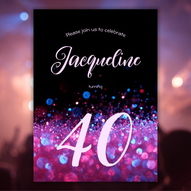 Custom Neon Glow Pink Glitter Script 40th birthday Invitation (Creator Uploaded)