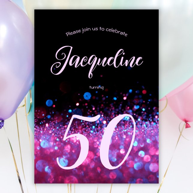 Custom Neon Glow Pink Glitter Script 50th birthday Invitation (Creator Uploaded)