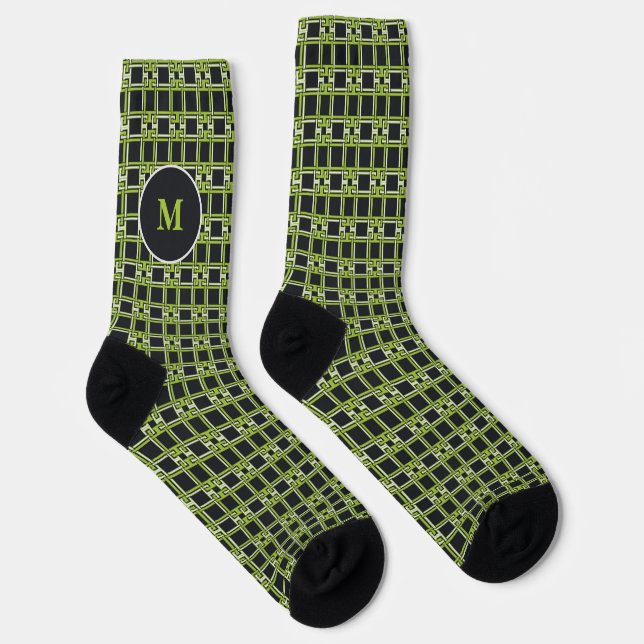 Custom Neon Green Greek Key Monogram Gift Socks (Right)