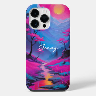 Custom Neon Painting Landscape Magenta Cyan Name iPhone 14 Pro Max Case