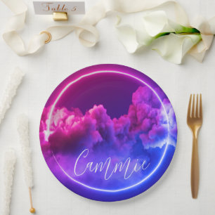 Custom Neon Sign Pink & Purple Clouds Paper Plate