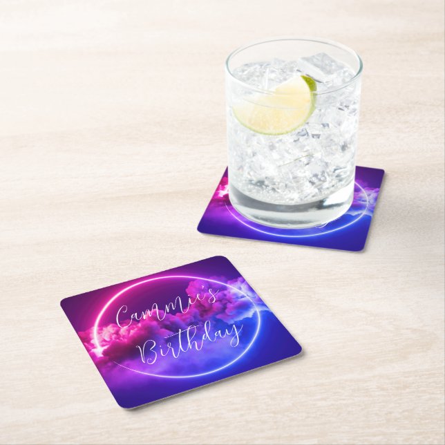 Custom Neon Sign Pink & Purple Clouds  Square Paper Coaster (Insitu)