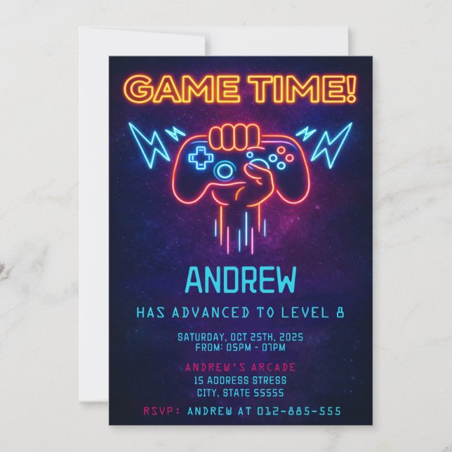 Custom Neon Video Game birthday boy invitation (Front)