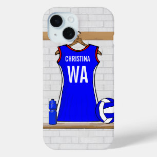 Custom Netball Uniform Blue with Red and White iPhone 15 Case