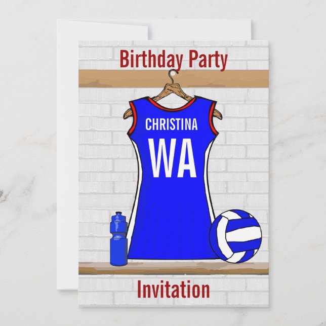 Custom Netball Uniform  Blue with red and White Invitation (Front)
