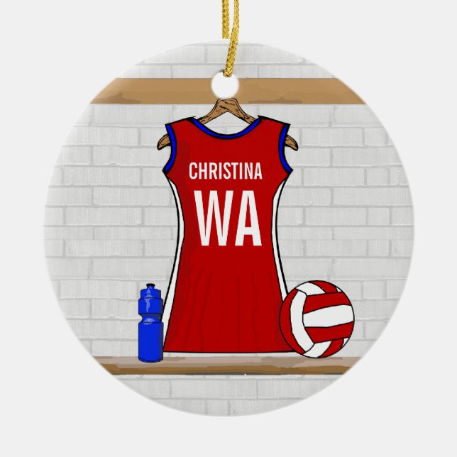 Custom Netball Uniform Red with Blue and White Ceramic Tree Decoration (Front)