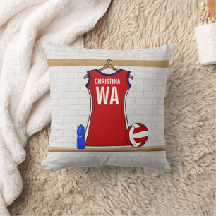 Custom Netball Uniform Red with Blue and White Cushion