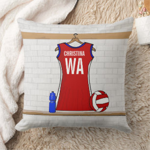 Custom Netball Uniform Red with Blue and White Cushion