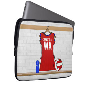 Custom Netball Uniform Red with Blue and White Laptop Sleeve