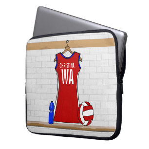 Custom Netball Uniform Red with Blue and White Laptop Sleeve