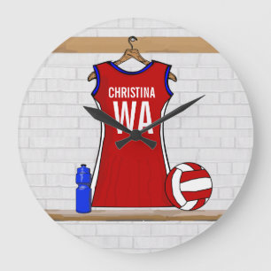 Custom Netball Uniform Red with Blue and White Large Clock