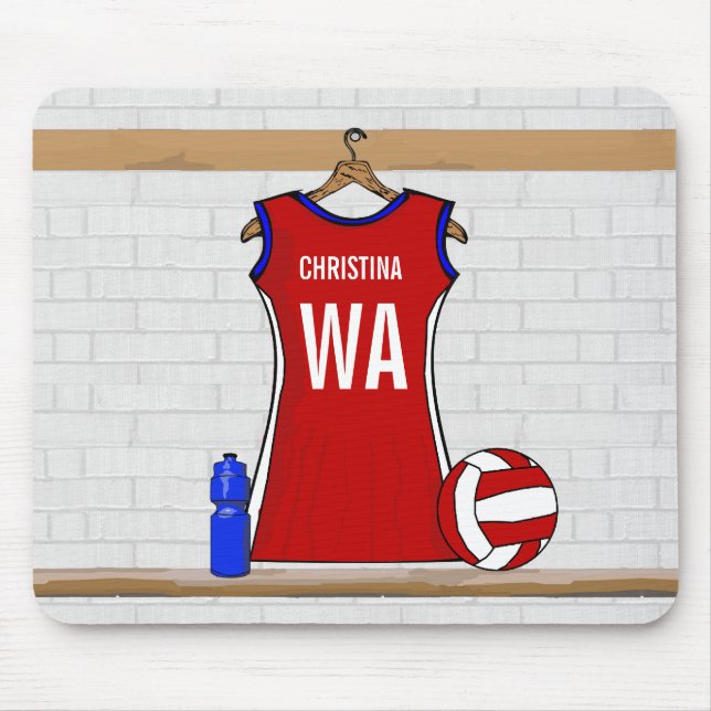 Custom Netball Uniform Red with Blue and White Mouse Pad (Front)