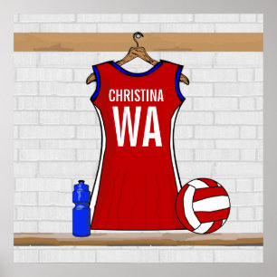 Custom Netball Uniform Red with Blue and White Poster