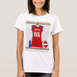 Custom Netball Uniform Red with Blue and White T-Shirt