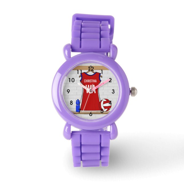 Custom Netball Uniform Red with Blue and White Watch (Front)