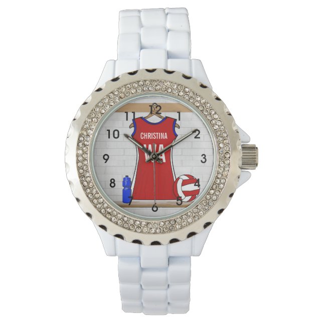 Custom Netball Uniform Red with Blue and White Watch (Front)