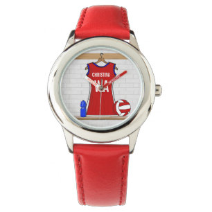 Custom Netball Uniform Red with Blue and White Watch