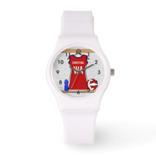 Custom Netball Uniform Red with Blue and White Watch