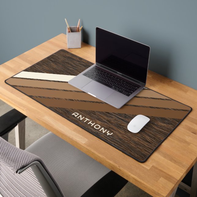 Custom Neutral Brown Stripes Art On Faux Wood Desk Mat (Office 2)