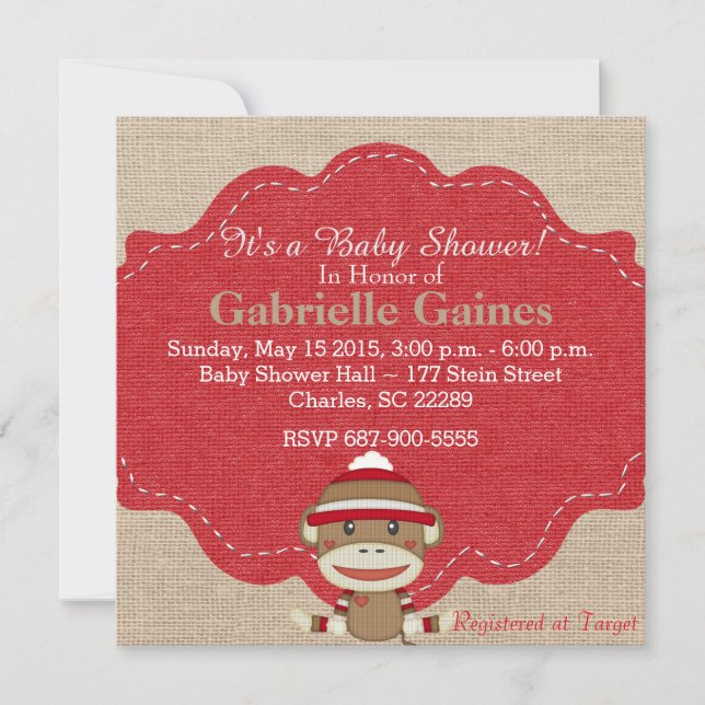 Custom Neutral Sock Monkey Baby Shower Invitation (Front)
