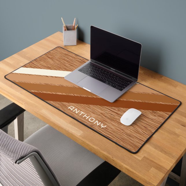 Custom Neutral Warm Brown Stripes Art On Faux Wood Desk Mat (Office 2)