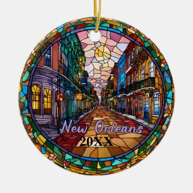 Custom New Orleans Bourbon Street Dated  Ceramic Ornament (Front)