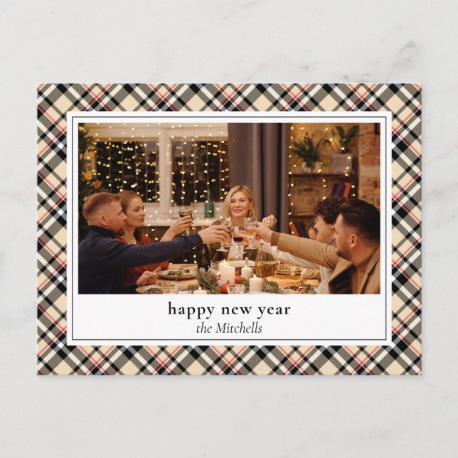 Custom New Year Chic Red Black White Beige Plaid Postcard (Front)