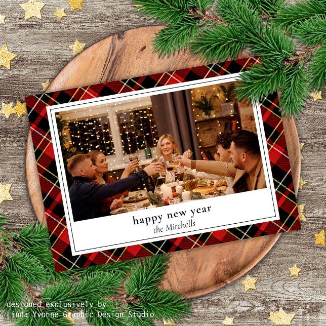 Custom New Year Chic Red Black White Yellow Plaid  Holiday Card (Creator Uploaded)