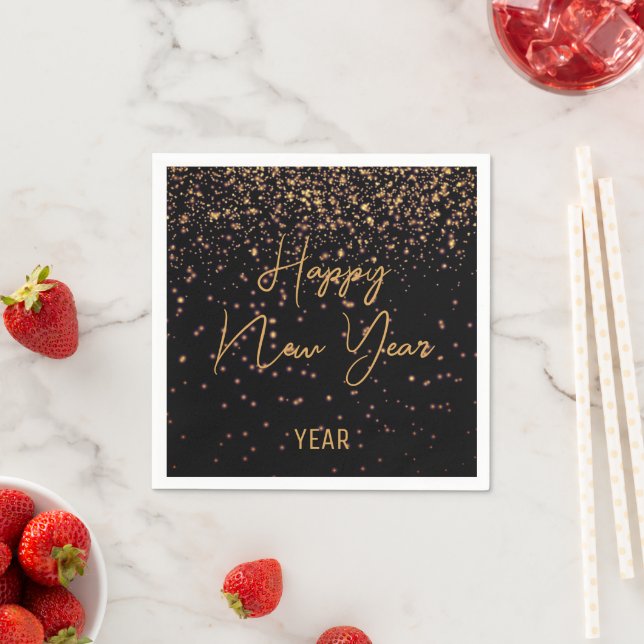Custom New Year Glowing Gold Confetti On Black  Napkin (Insitu)
