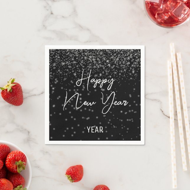 Custom New Year Glowing Silver Confetti On Black Napkin (Insitu)