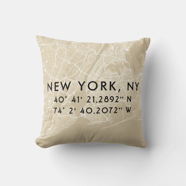 Custom New York City Map | Tan & Black Cushion (Front)