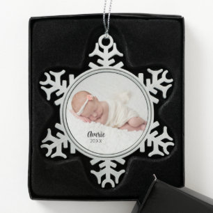 Custom Newborn Keepsake Baby Photo Snowflake Pewter Christmas Ornament